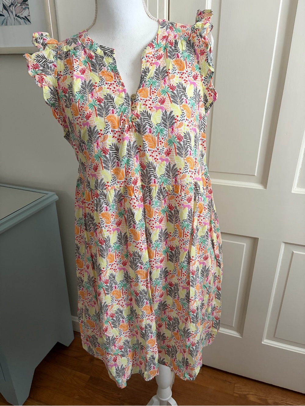 Loft, Size Small, Floral Tropical Print Sundress in Yellow, Pink & Green